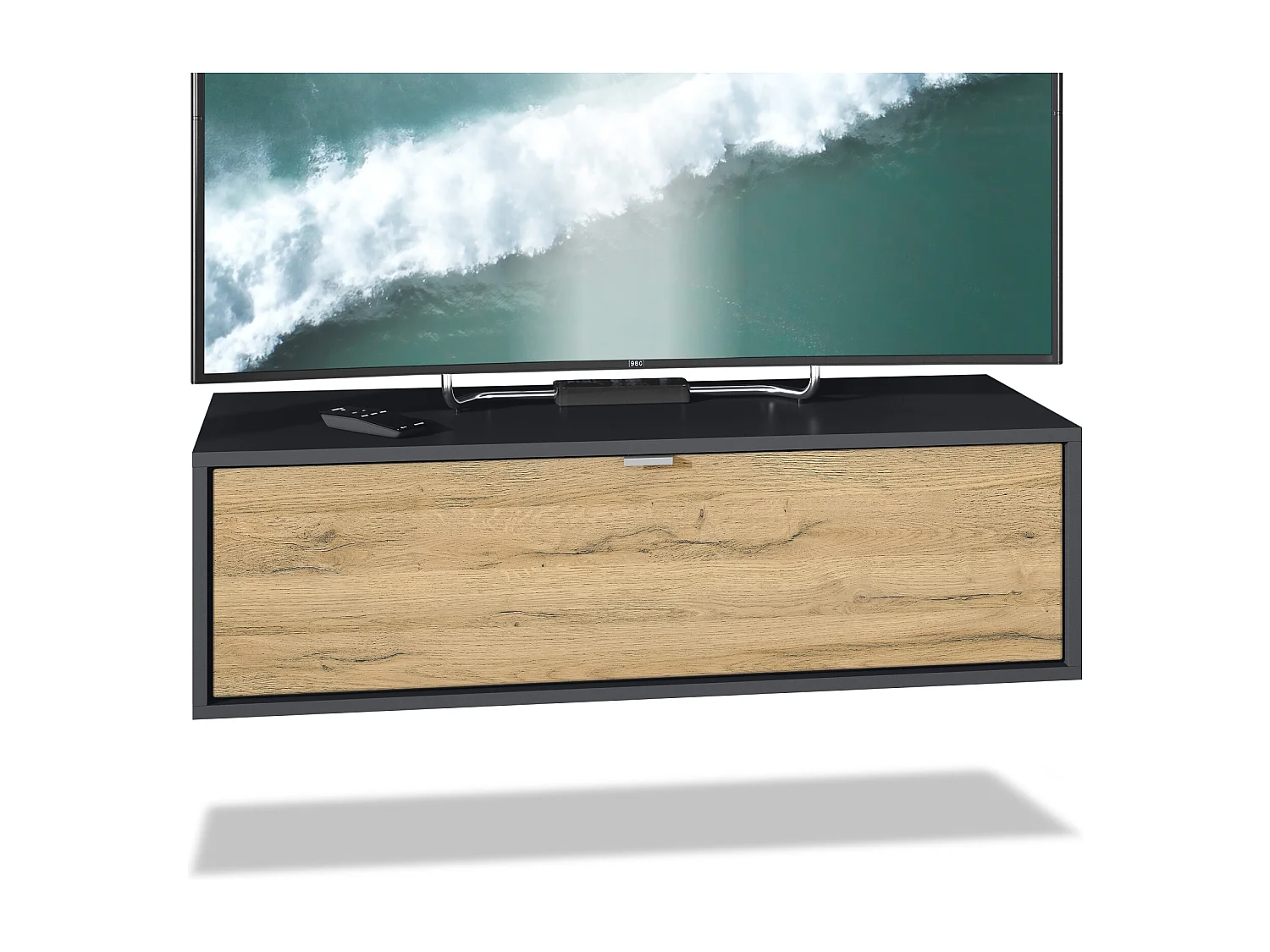 Meuble TV Lana 100 armoire murale lowboard 100 x 29 x 37 cm, caisson en noir mat, façades en chêne nature | Grand choix de couleurs