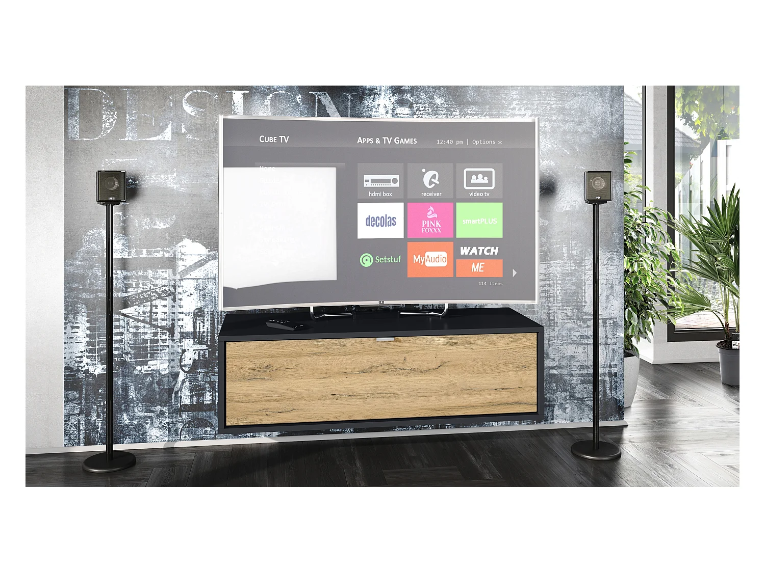 Meuble TV Lana 100 armoire murale lowboard 100 x 29 x 37 cm, caisson en noir mat, façades en chêne nature | Grand choix de couleurs