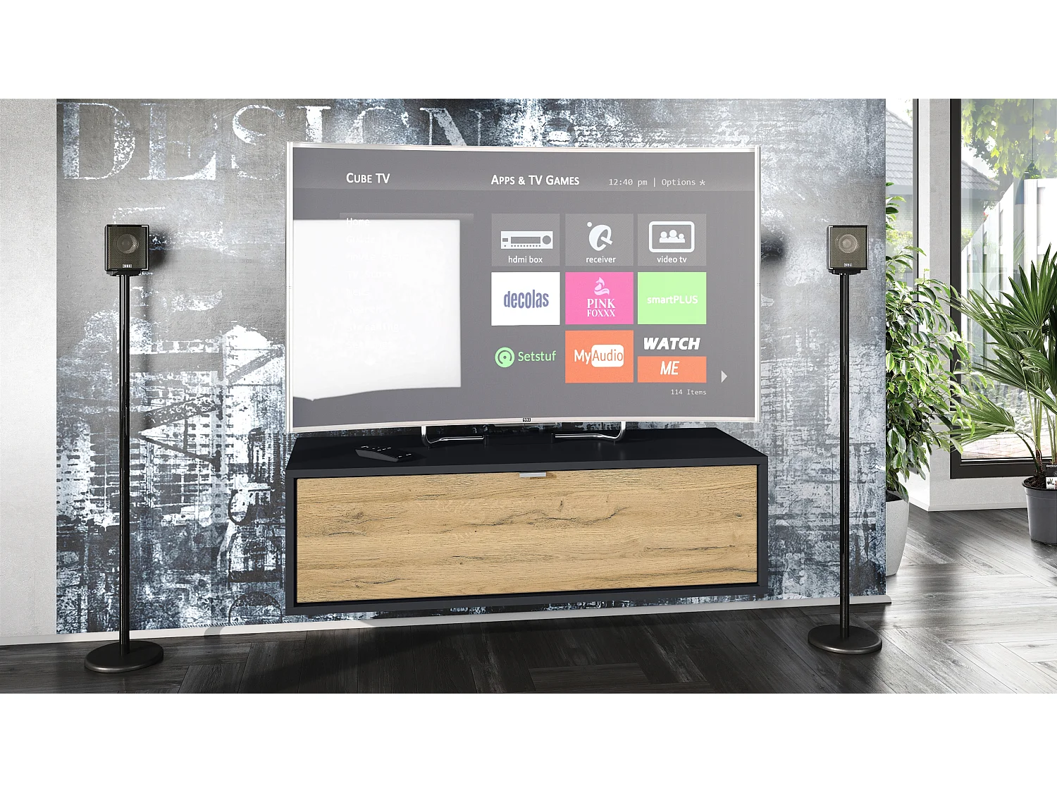 Meuble TV Lana 100 armoire murale lowboard 100 x 29 x 37 cm, caisson en noir mat, façades en chêne nature | Grand choix de couleurs