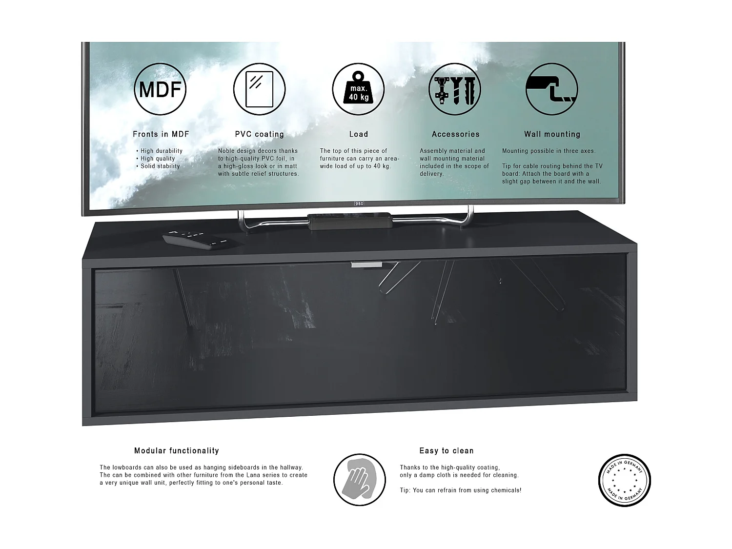 Meuble TV Lana 100 armoire murale lowboard 100 x 29 x 37 cm, caisson en noir mat, façades en chêne nature | Grand choix de couleurs