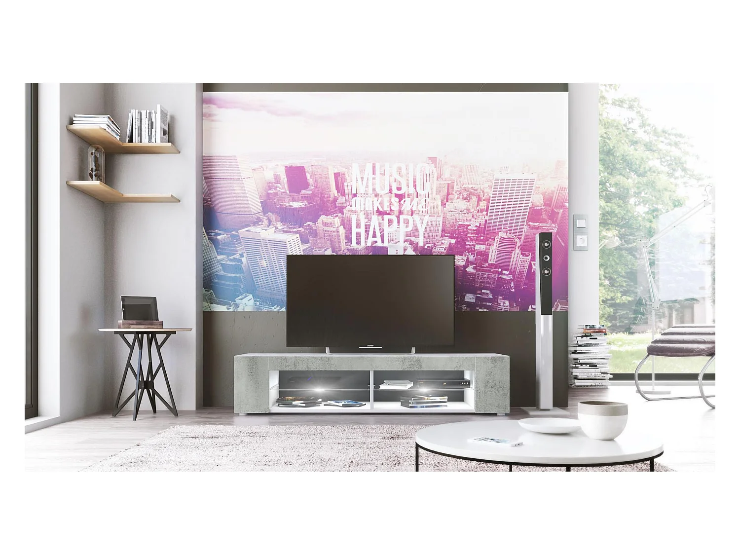 Buffet bas Movie, Meuble TV avec 4 compartiments ouverts et placages décoratifs, Blanc mat/Aspect Béton Oxyde, éclairage LED blanc inclus (134 x 29 x 39 cm)