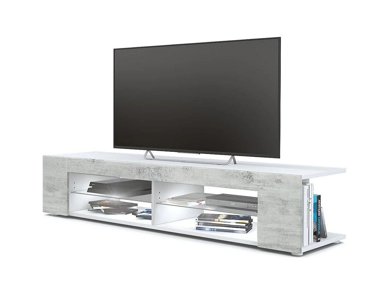Buffet bas Movie, Meuble TV avec 4 compartiments ouverts et placages décoratifs, Blanc mat/Aspect Béton Oxyde, éclairage LED blanc inclus (134 x 29 x 39 cm)