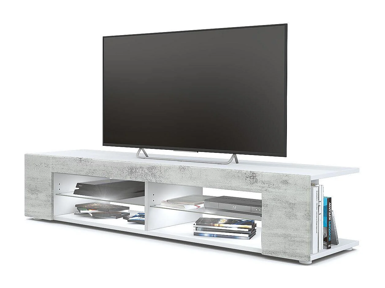 Buffet bas Movie, Meuble TV avec 4 compartiments ouverts et placages décoratifs, Blanc mat/Aspect Béton Oxyde, éclairage LED blanc inclus (134 x 29 x 39 cm)