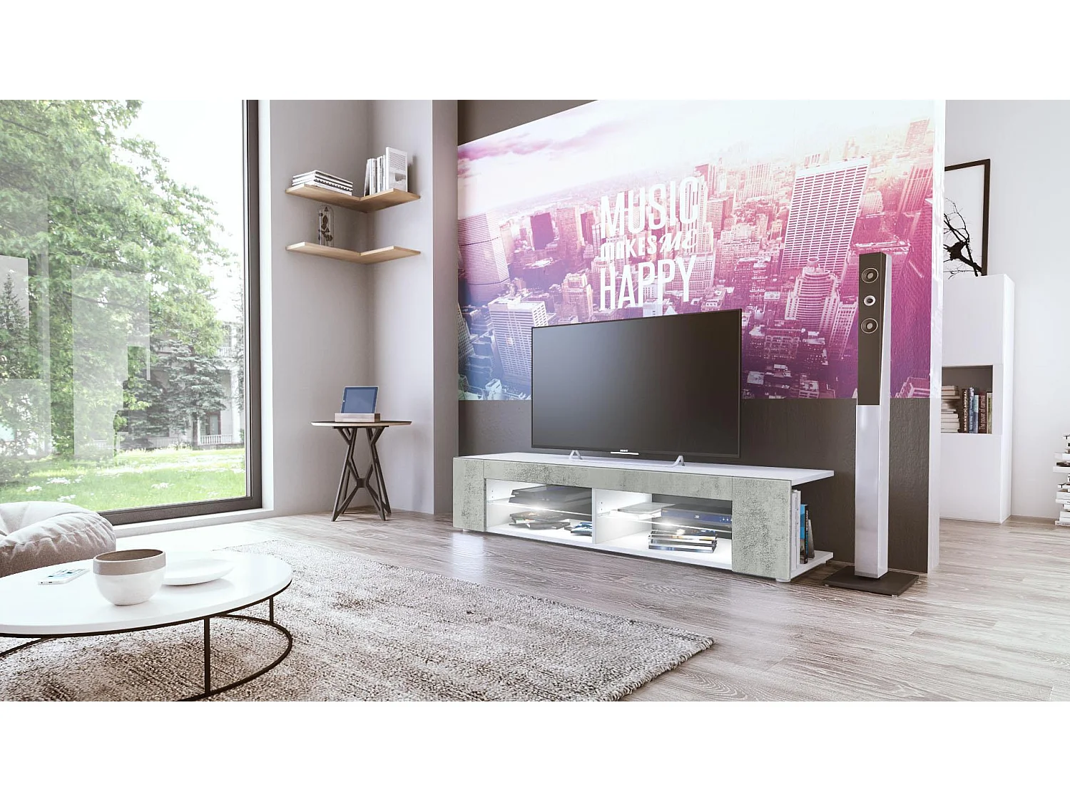 Buffet bas Movie, Meuble TV avec 4 compartiments ouverts et placages décoratifs, Blanc mat/Aspect Béton Oxyde, éclairage LED blanc inclus (134 x 29 x 39 cm)