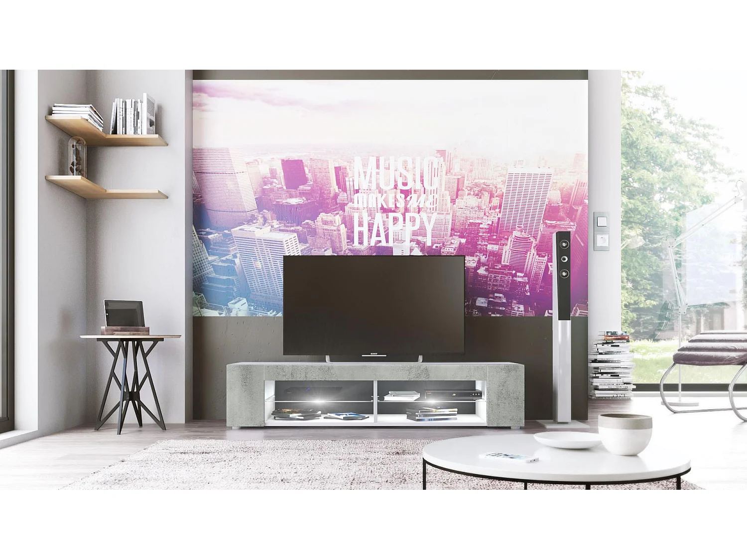 Buffet bas Movie, Meuble TV avec 4 compartiments ouverts et placages décoratifs, Blanc mat/Aspect Béton Oxyde, éclairage LED blanc inclus (134 x 29 x 39 cm)