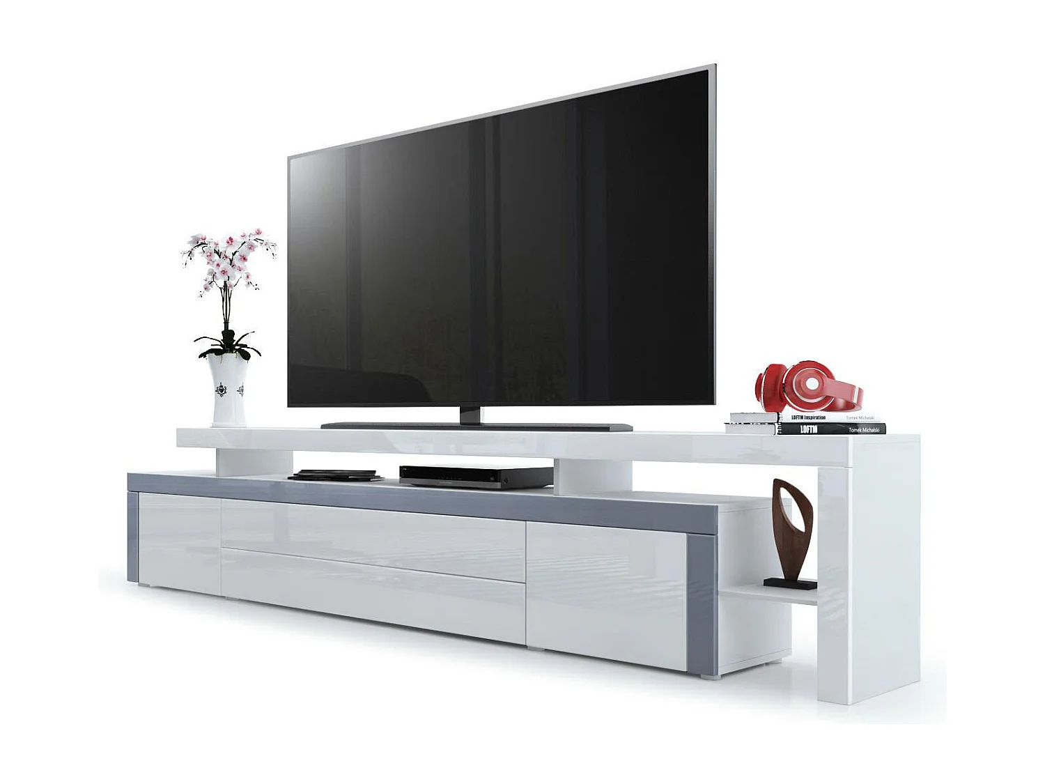 Mobile porta-tv Leon, Carcassa e supporto rialzato in bianco opaco / Frontale in bianco lucido con cornice in grigio lucido (227 x 52 x 35 cm)