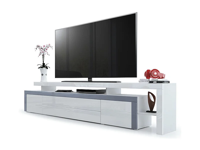 Mobile porta-tv Leon, Carcassa e supporto rialzato in bianco opaco / Frontale in bianco lucido con cornice in grigio lucido (227 x 52 x 35 cm)