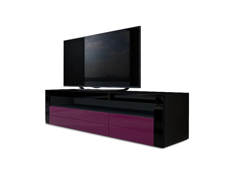 Vladon Mueble TV Valencia, Cómoda TV con 1 Compartimento abierto y 2 Puertas abatibles, Negro mate/zarzamora de alto brillo/negro de alto brillo (155 x 46 x 40 cm)