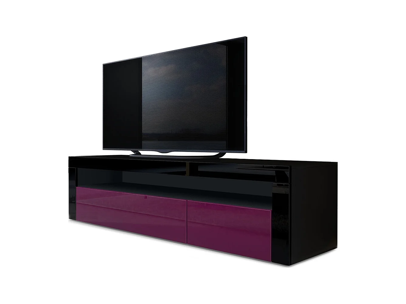 Buffet bas Valencia, Meuble TV avec 1 compartiment ouvert et 2 clapets, Noir mat/mûre haute brillance/noir haute brillance (155 x 46 x 40 cm)