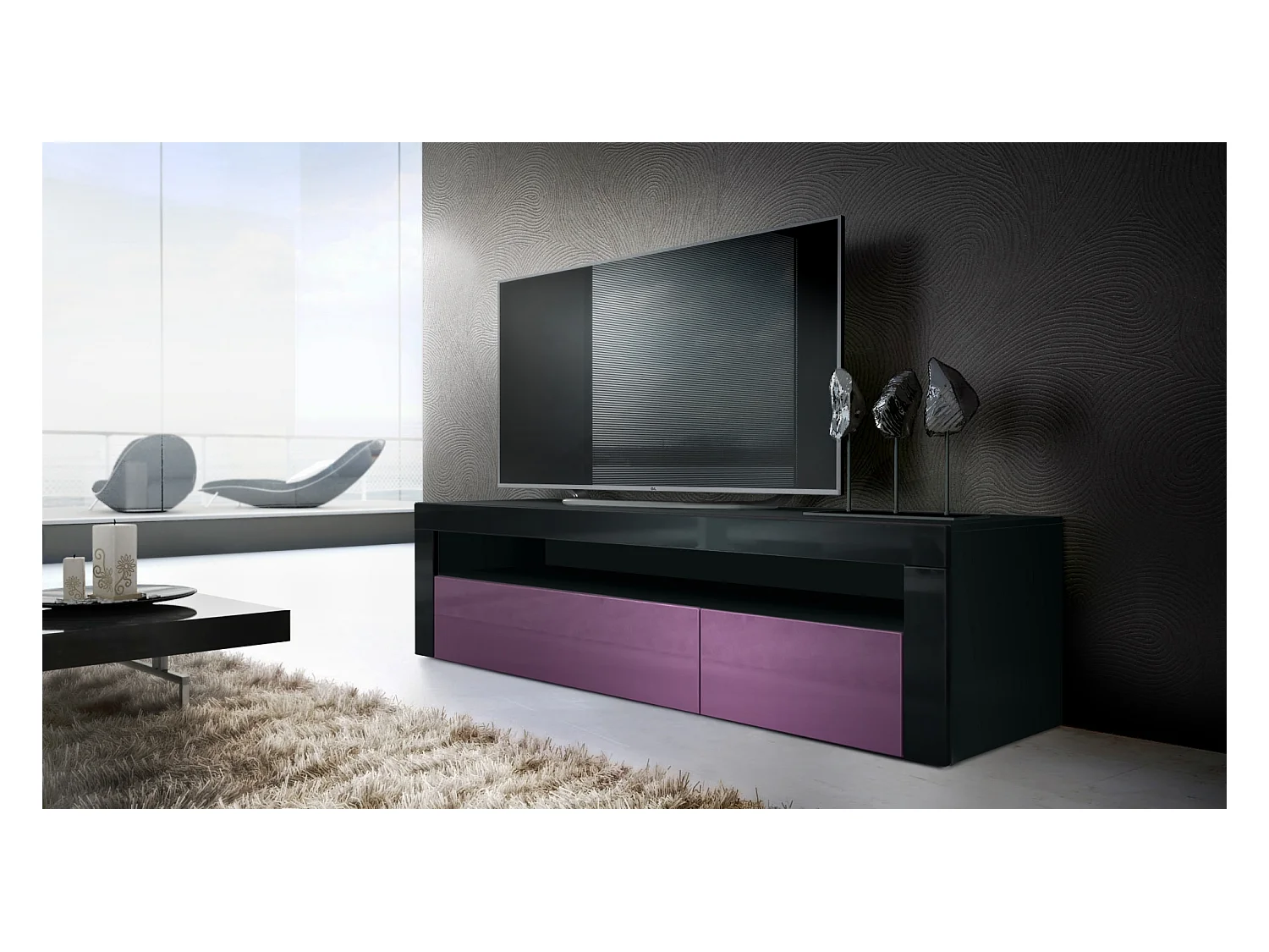 Buffet bas Valencia, Meuble TV avec 1 compartiment ouvert et 2 clapets, Noir mat/mûre haute brillance/noir haute brillance (155 x 46 x 40 cm)