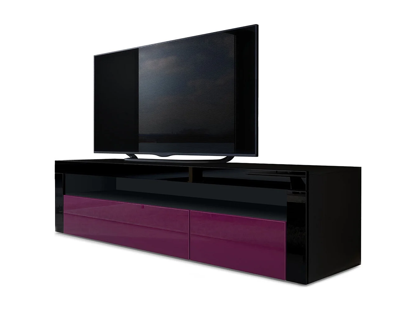Buffet bas Valencia, Meuble TV avec 1 compartiment ouvert et 2 clapets, Noir mat/mûre haute brillance/noir haute brillance (155 x 46 x 40 cm)