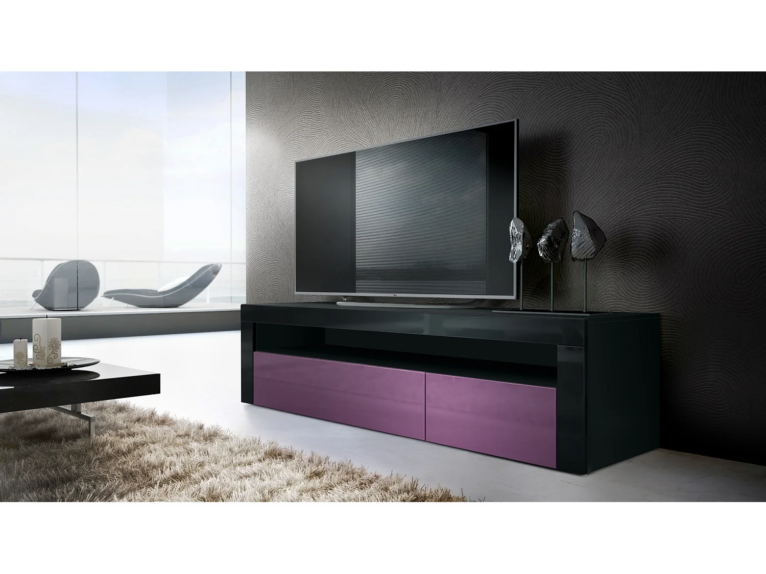 Buffet bas Valencia, Meuble TV avec 1 compartiment ouvert et 2 clapets, Noir mat/mûre haute brillance/noir haute brillance (155 x 46 x 40 cm)