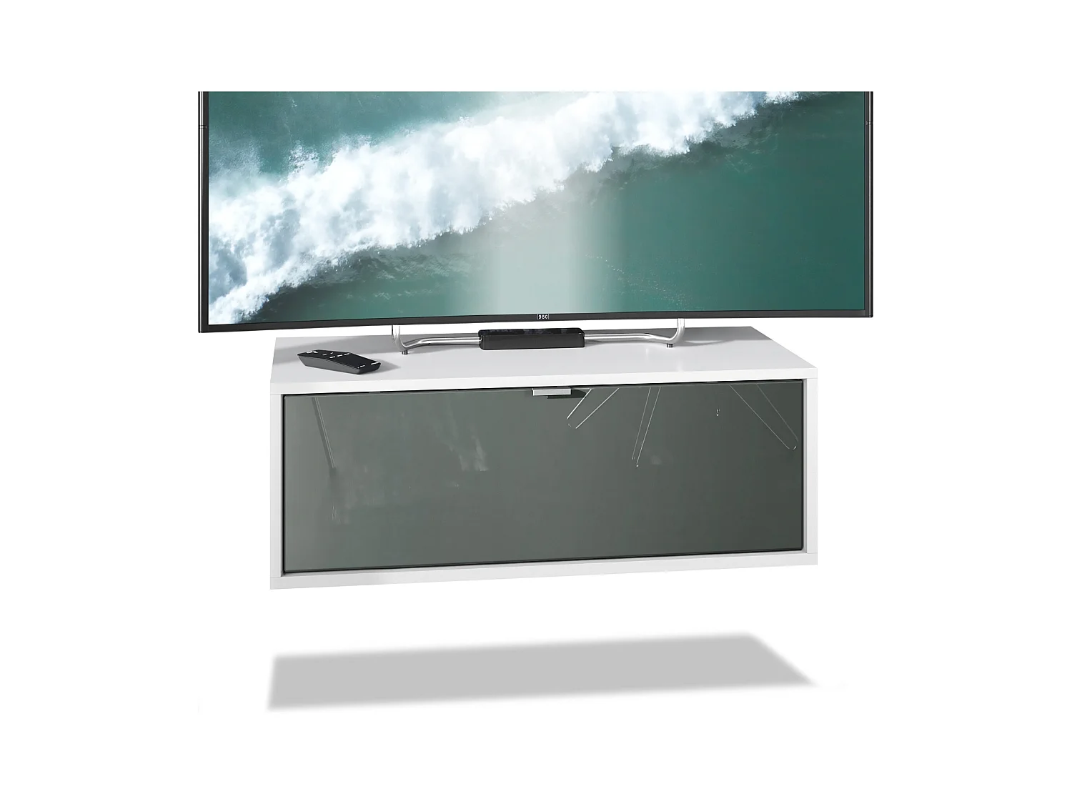 Meuble TV Lana 80 armoire murale lowboard 80 x 29 x 37 cm, caisson en blanc mat, façades en Gris haute brillance | Grand choix de couleurs