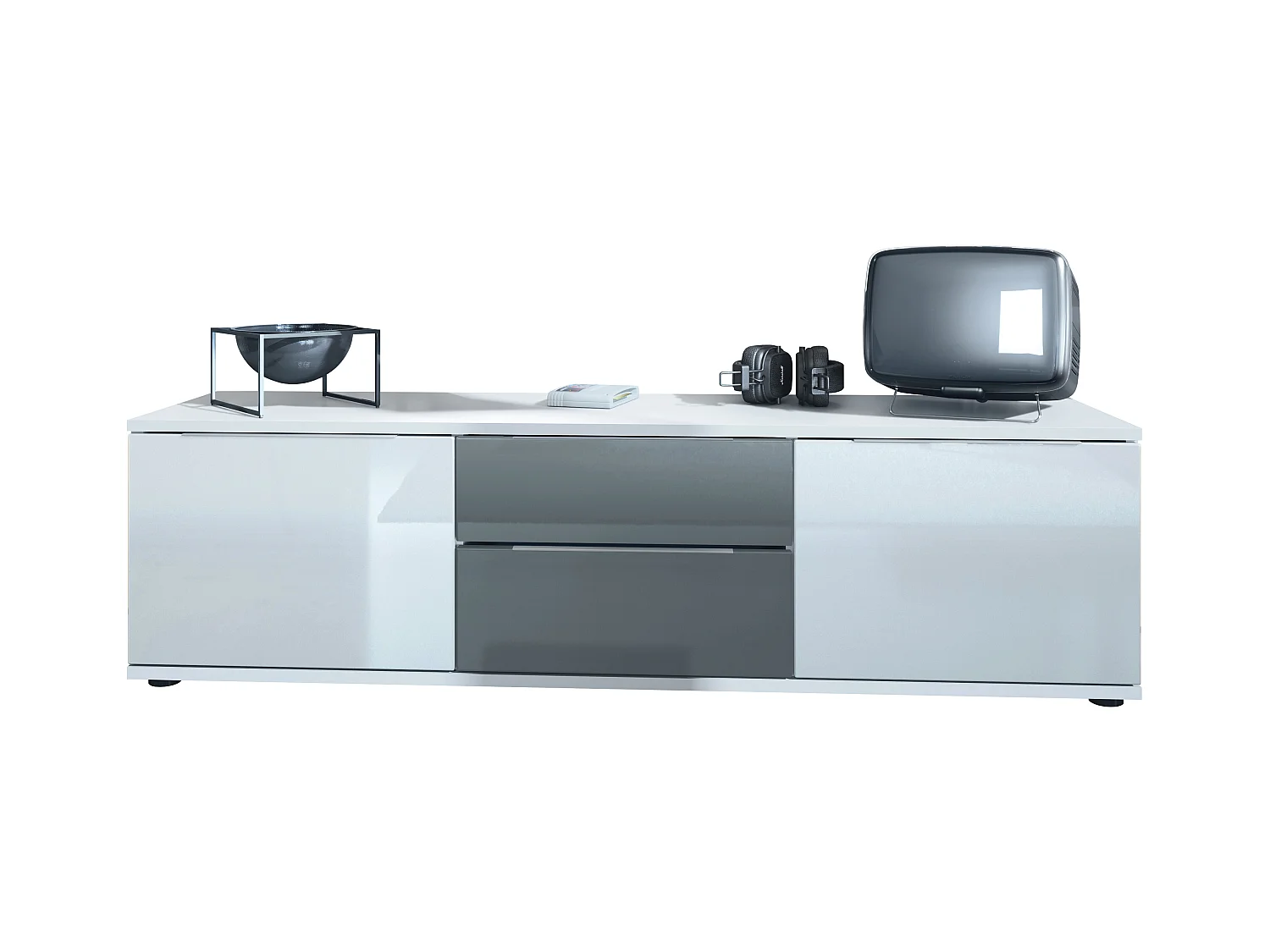 Buffet TV Linio V1, Table de télévision avec 2 portes et 2 tiroirs - Blanc / gris haute brillance (138,5 x 37,5 x 35 cm)