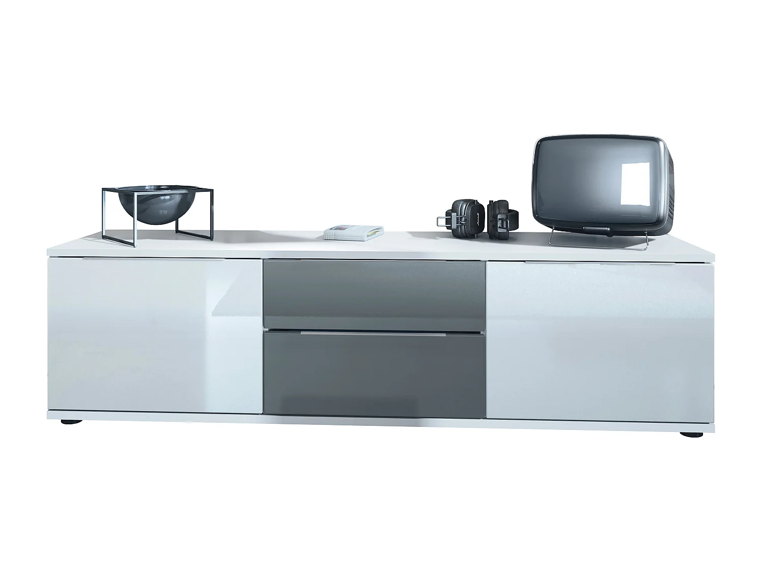 Buffet TV Linio V1, Table de télévision avec 2 portes et 2 tiroirs - Blanc / gris haute brillance (138,5 x 37,5 x 35 cm)