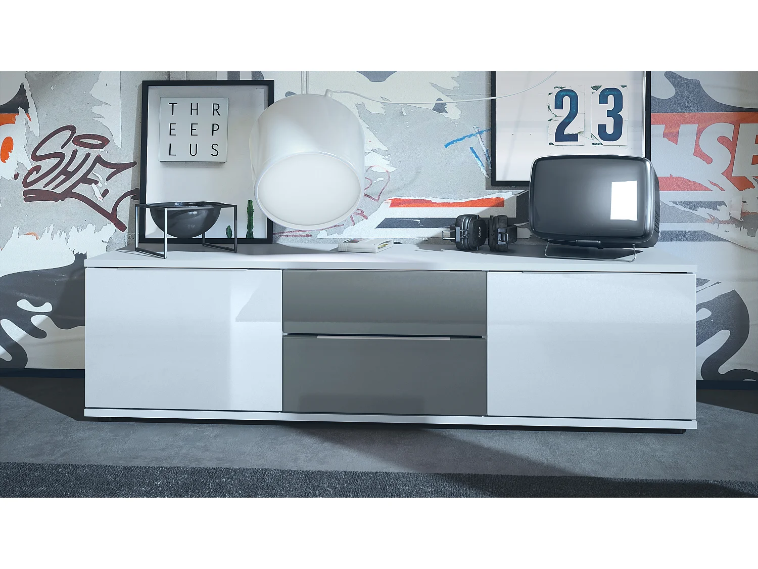 Buffet TV Linio V1, Table de télévision avec 2 portes et 2 tiroirs - Blanc / gris haute brillance (138,5 x 37,5 x 35 cm)