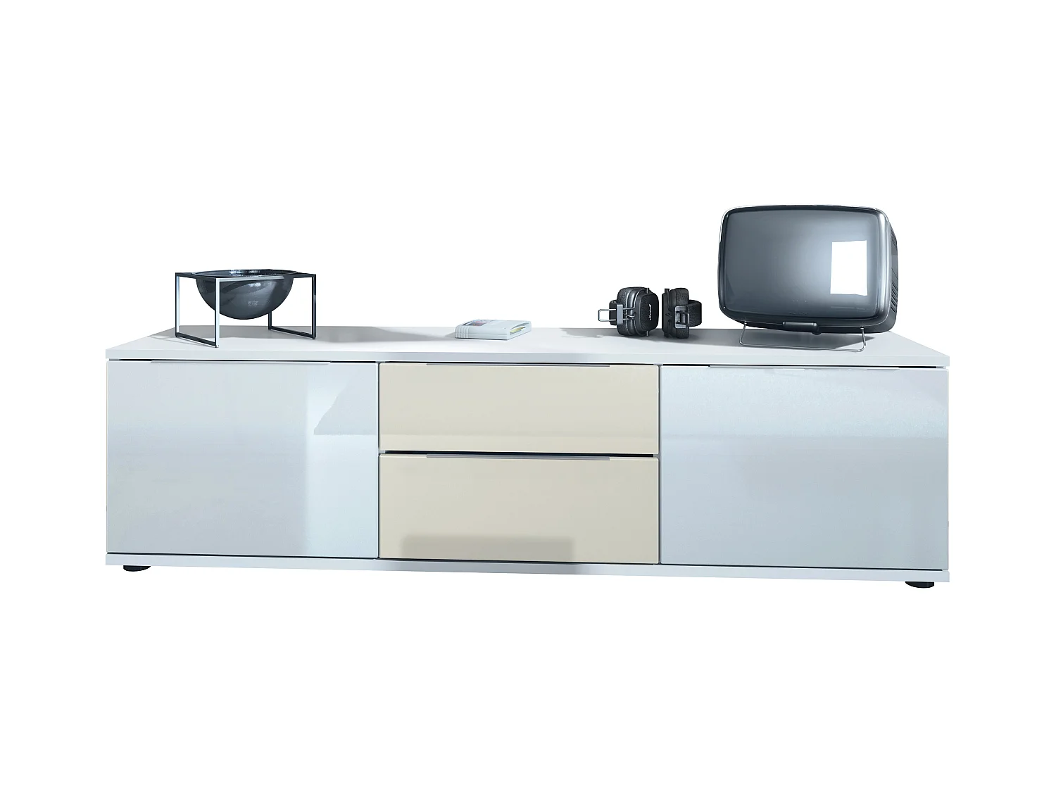 Buffet TV Linio V1, Table de télévision avec 2 portes et 2 tiroirs - Blanc / crème haute brillance (138,5 x 37,5 x 35 cm)