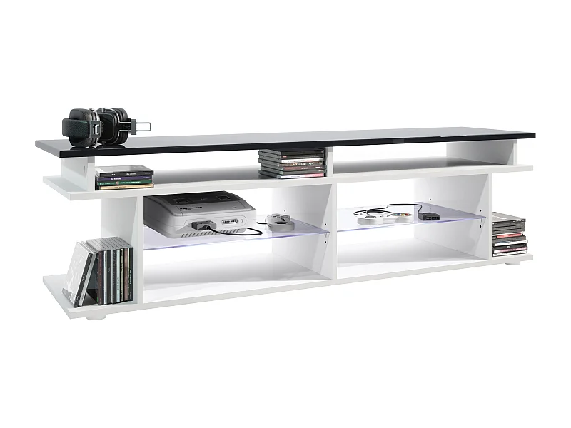 Mesa televisión Movie V3 Game On 138,5 x 39 x 37,5 cm incluida iluminación LED en azul,, carcasa en blanco mate, soporte de TV en negro de alto brillo