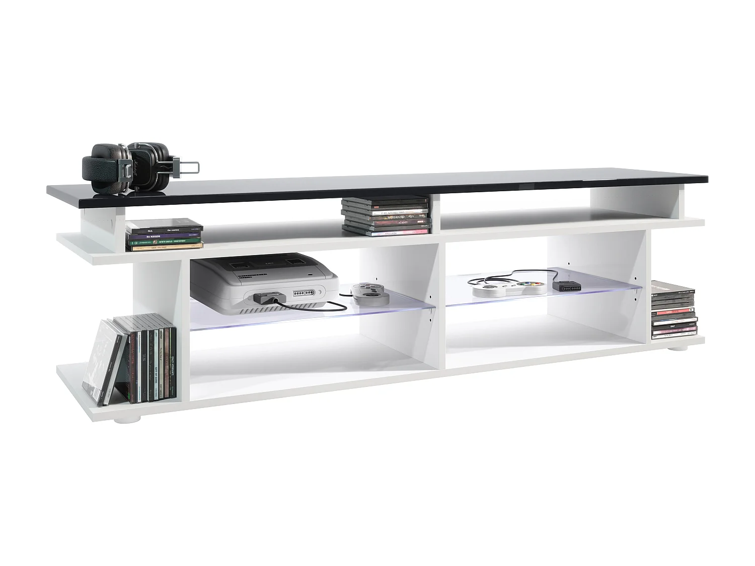 TV Board Movie V3 Game On 138,5 x 39 x 37,5 cm éclairage LED inclus Bleu, caisson en blanc mat, élément supérieur en noir haute brillance