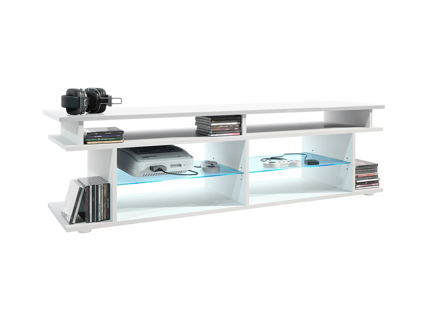 TV Board Movie V3 Game On 138,5 x 39 x 37,5 cm éclairage LED inclus Blanc, caisson en blanc mat, élément supérieur en blanc haute brillance