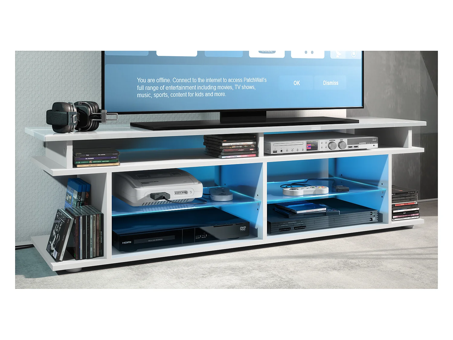 TV Board Movie V3 Game On 138,5 x 39 x 37,5 cm éclairage LED inclus Blanc, caisson en blanc mat, élément supérieur en blanc haute brillance