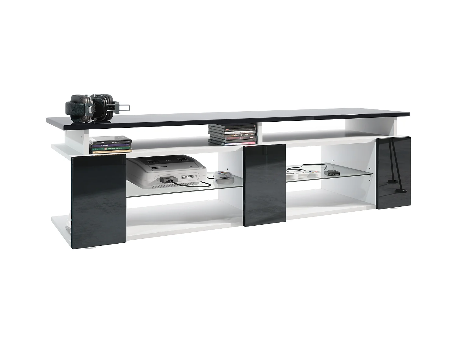 TV Board Movie V2 Game On Lowboard 138,5 x 39 x 39 cm , caisson en blanc mat, façades en noir haute brillance