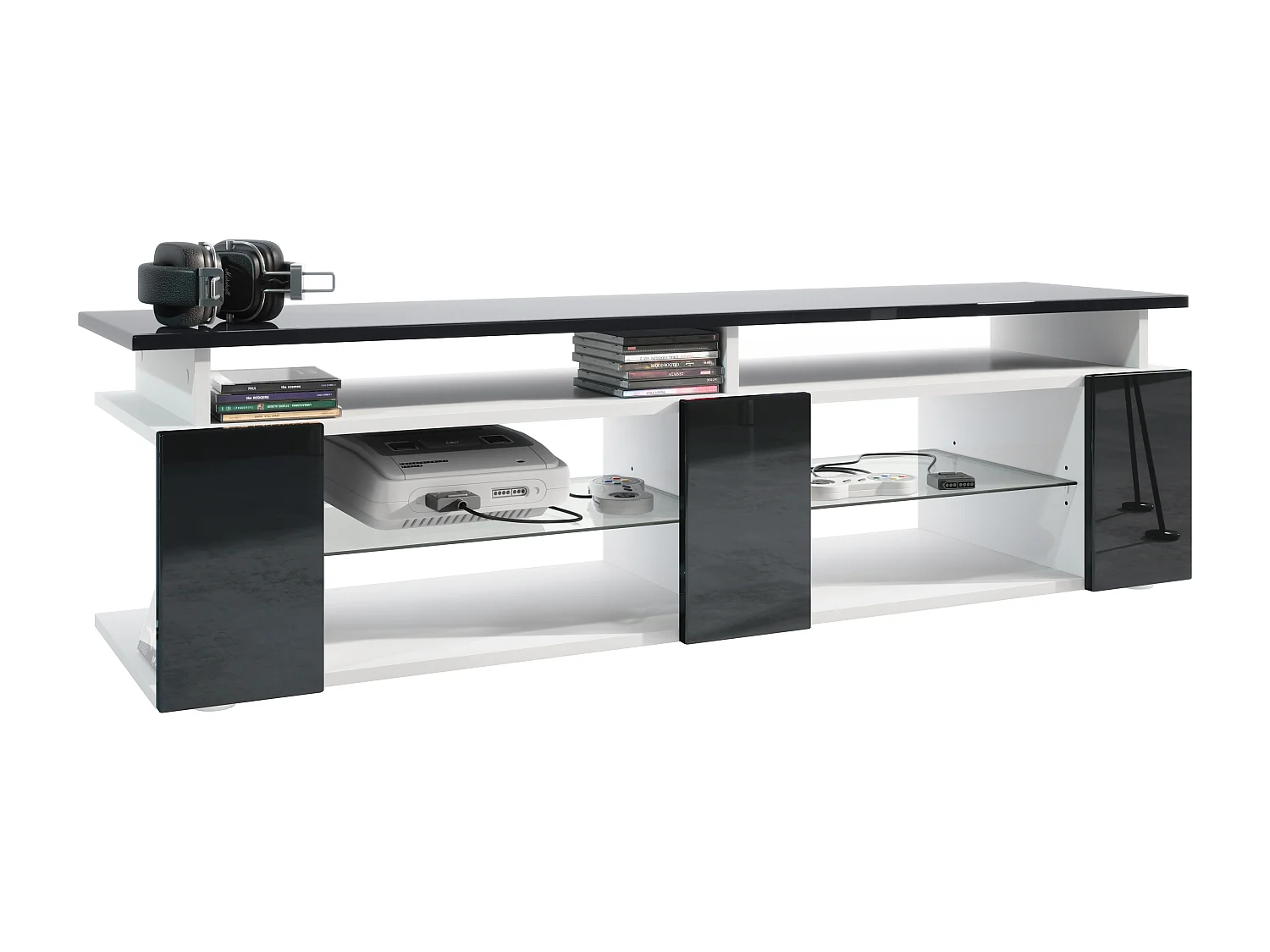 TV Board Movie V2 Game On Lowboard 138,5 x 39 x 39 cm , caisson en blanc mat, façades en noir haute brillance