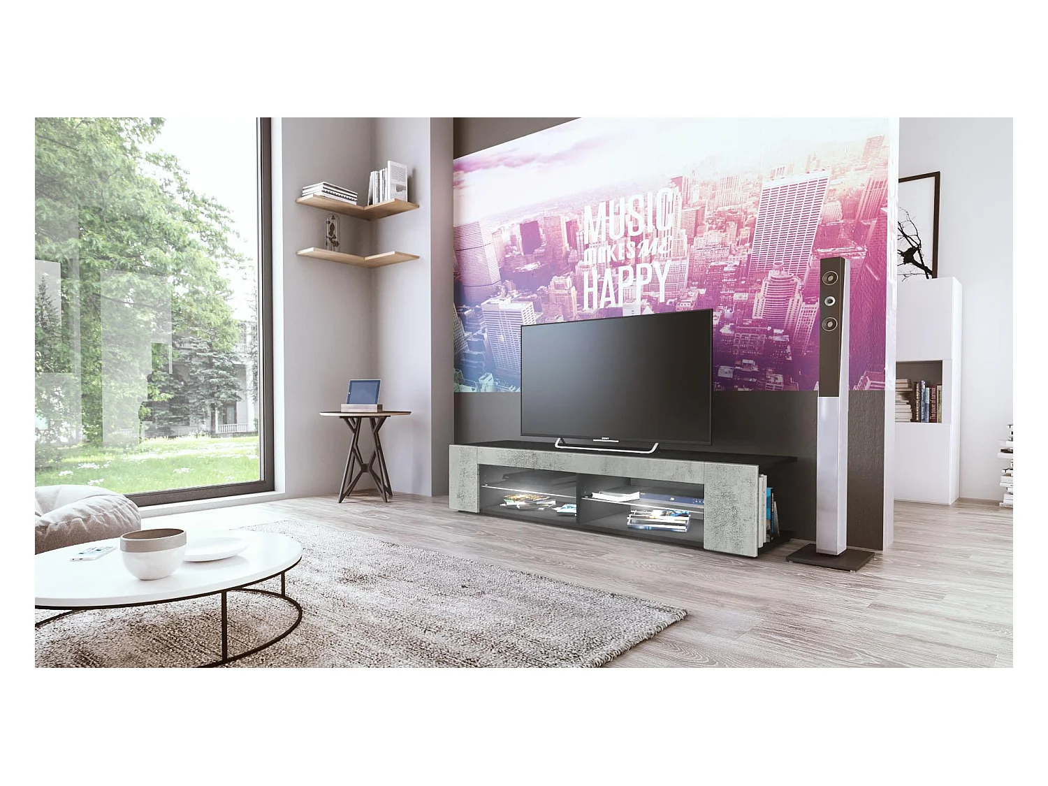 Buffet bas Movie, Meuble TV avec 4 compartiments ouverts et placages décoratifs, Noir mat/Aspect Béton Oxyde, éclairage LED blanc inclus (134 x 29 x 39 cm)