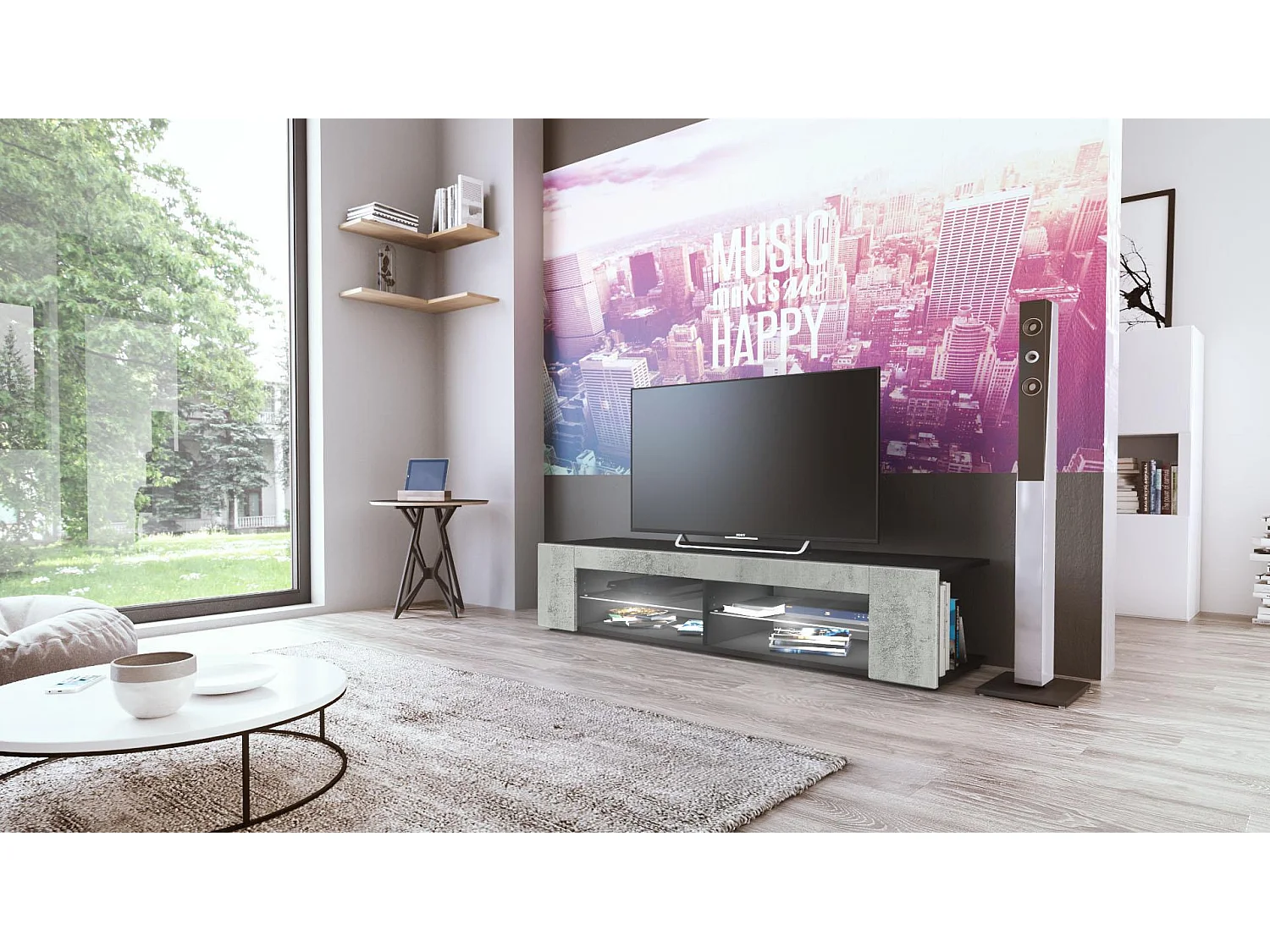 Mobiletto  Movie, mobile TV con 4 vani a giorno e pannelli, nero opaco/ossido di grigio, con illuminazione LED bianca (134 x 29 x 39 cm)