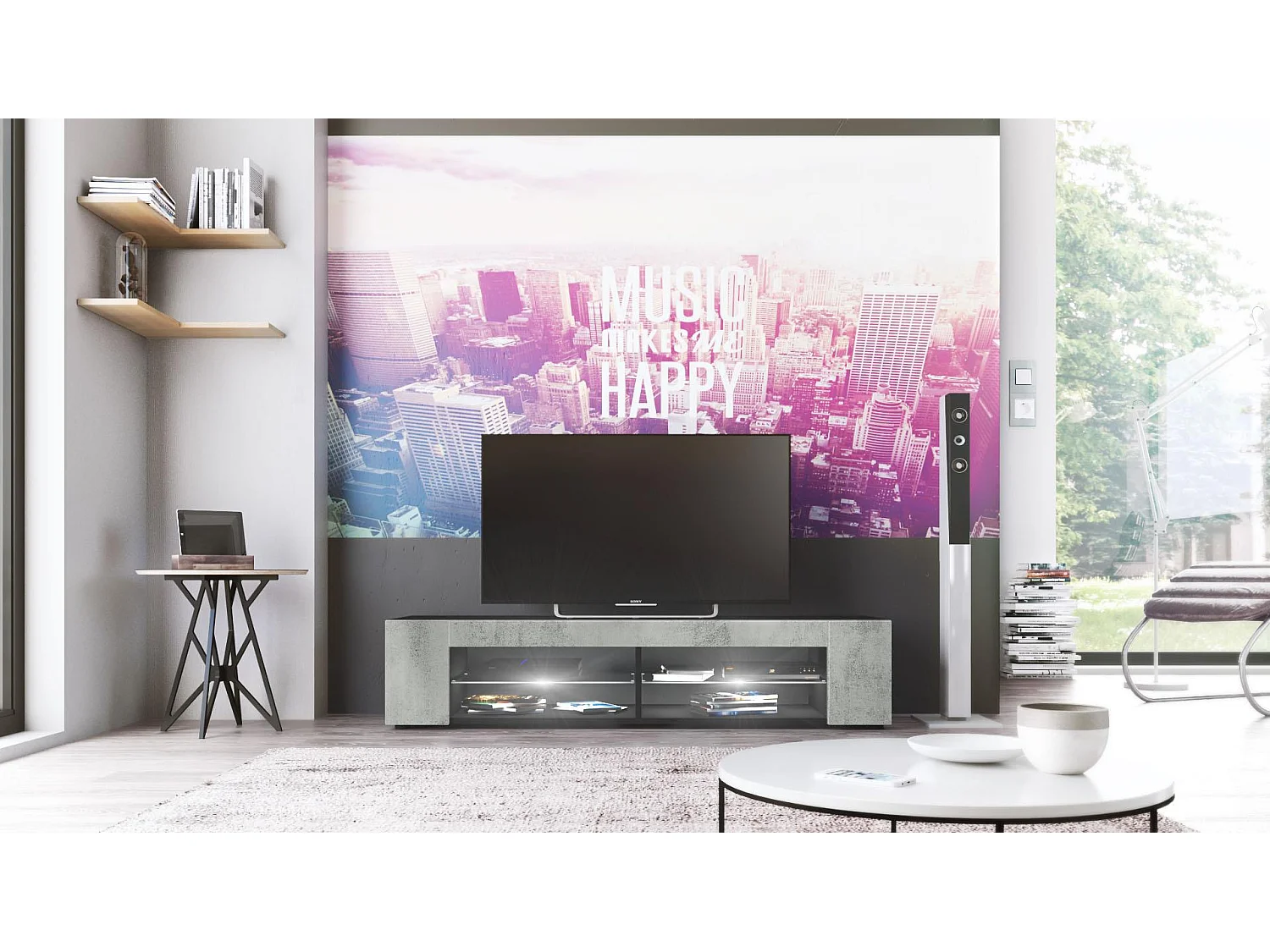 Mobiletto  Movie, mobile TV con 4 vani a giorno e pannelli, nero opaco/ossido di grigio, con illuminazione LED bianca (134 x 29 x 39 cm)