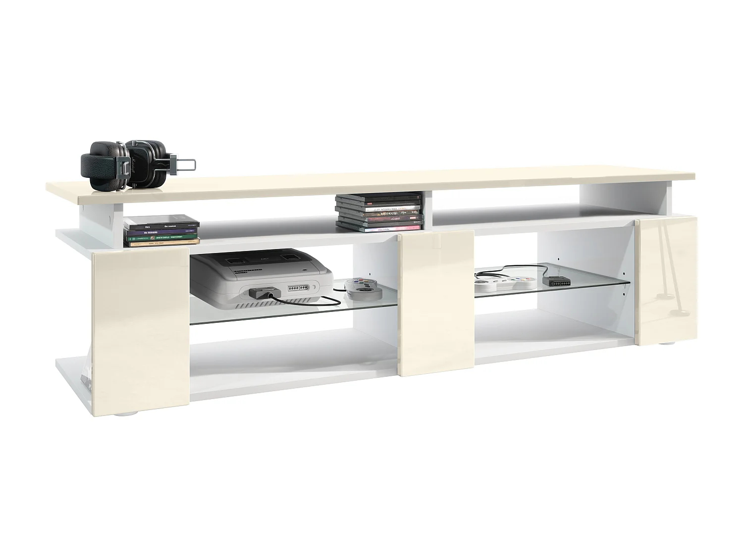 TV Board Movie V2 Game On Lowboard 138,5 x 39 x 39 cm , caisson en blanc mat, façades en crème haute brillance