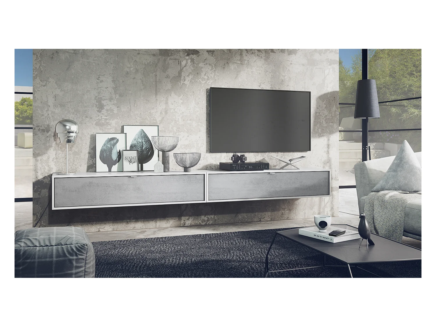 Ensemble de 2 set meuble TV Lana 140, lowboards de 140x29x37 cm chacun avec beaucoup d'espace de rangement, caisson en Blanc mat, façades en Aspect Béton Oxyde