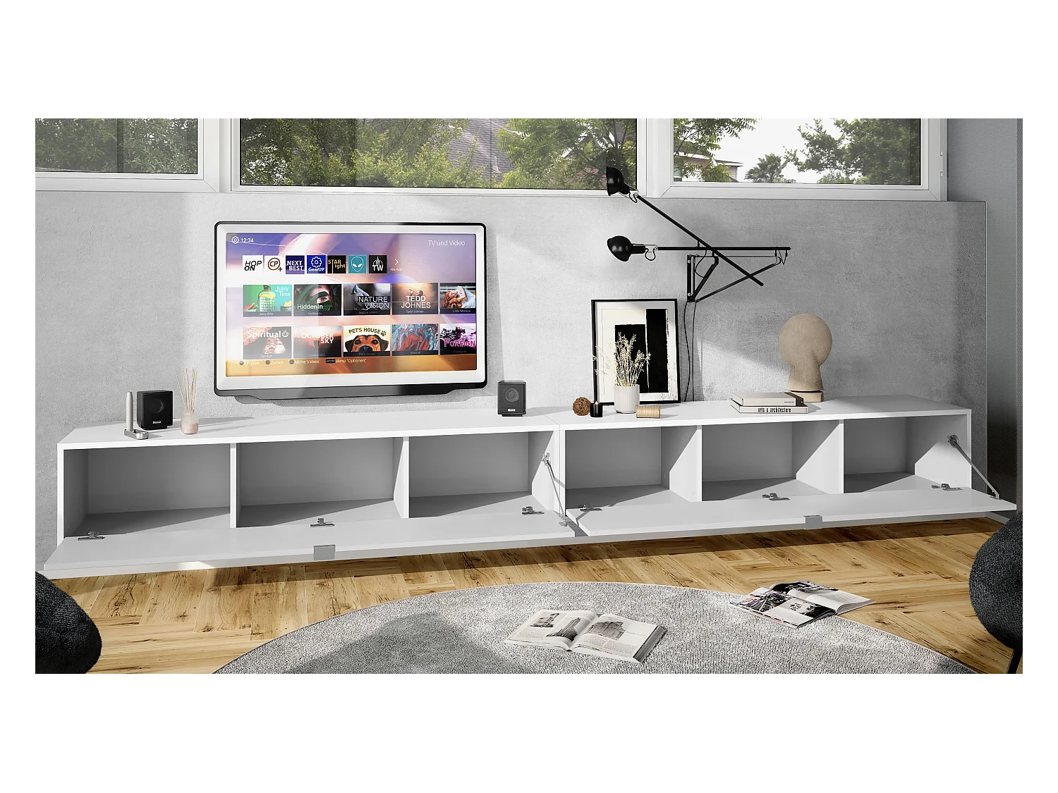 Ensemble de 2 set meuble TV Lana 140, lowboards de 140x29x37 cm chacun avec beaucoup d'espace de rangement, caisson en Blanc mat, façades en Aspect Béton Oxyde