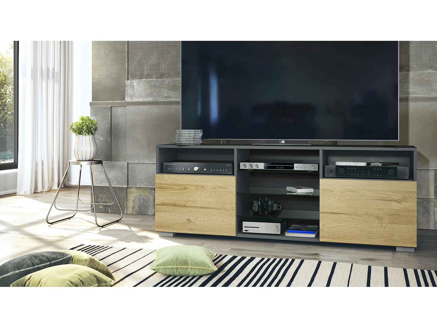 Meuble TV Granada, Lowboard avec 2 portes et 6 compartiments ouverts, corps anthracite mat, façades en chêne nature (146 x 54 x 35 cm)