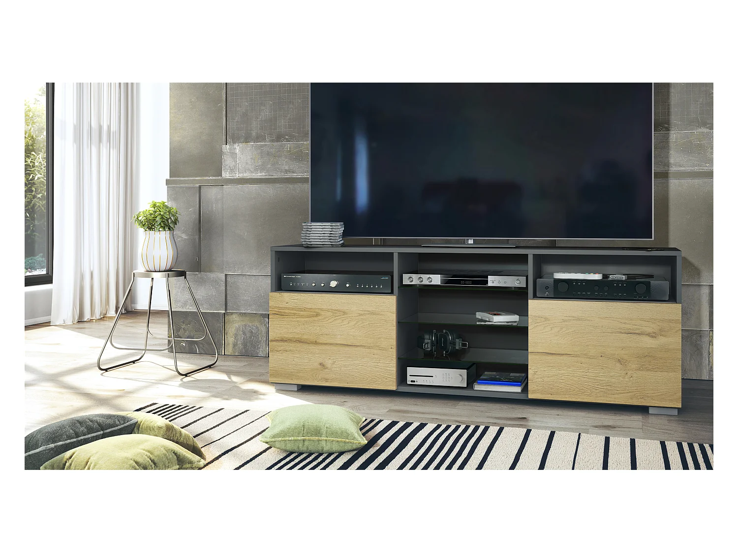 Meuble TV Granada, Lowboard avec 2 portes et 6 compartiments ouverts, corps anthracite mat, façades en chêne nature (146 x 54 x 35 cm)