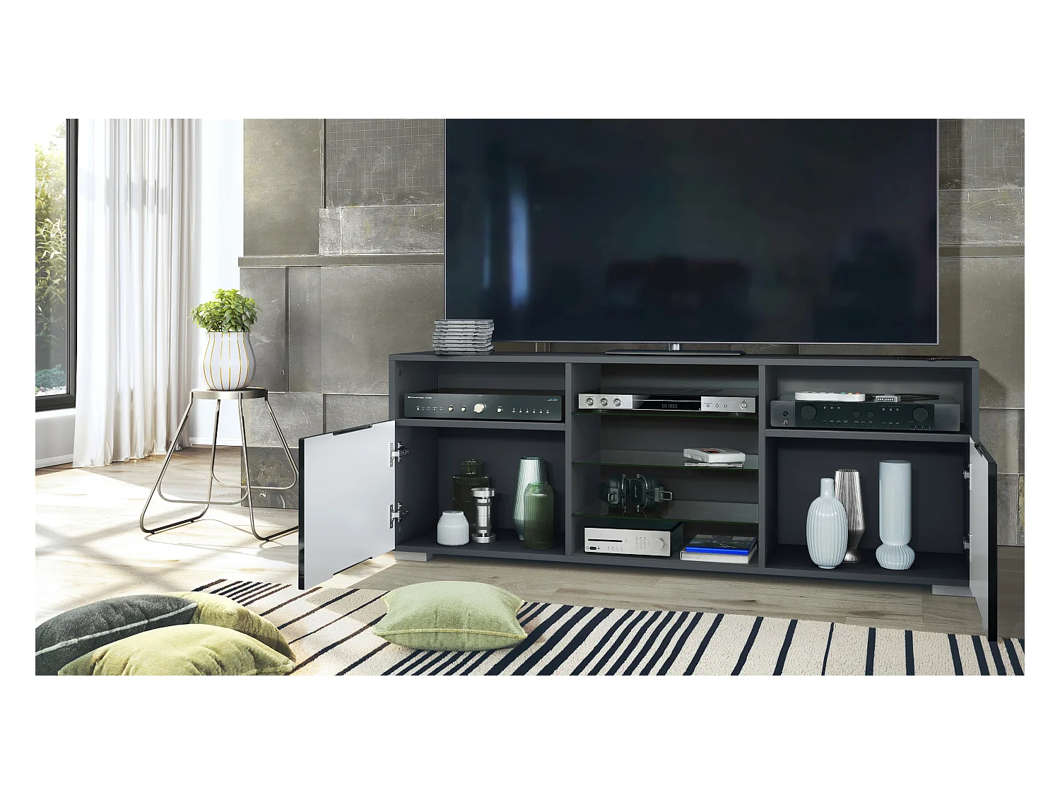 Meuble TV Granada, Lowboard avec 2 portes et 6 compartiments ouverts, corps anthracite mat, façades en chêne nature (146 x 54 x 35 cm)