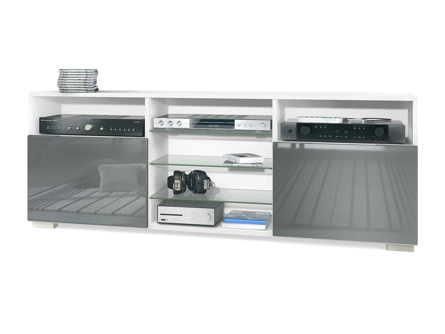 Meuble TV Granada, Lowboard avec 2 portes et 6 compartiments ouverts, corps blanc mat, façades en gris haute brillance (146 x 54 x 35 cm)