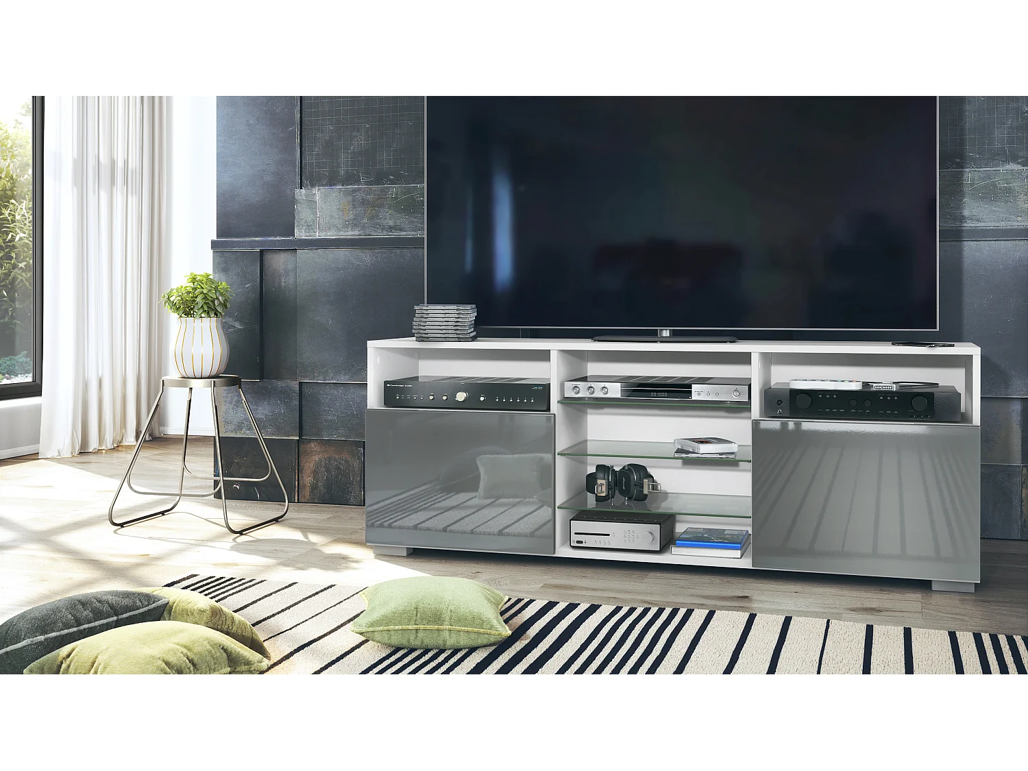 Meuble TV Granada, Lowboard avec 2 portes et 6 compartiments ouverts, corps blanc mat, façades en gris haute brillance (146 x 54 x 35 cm)