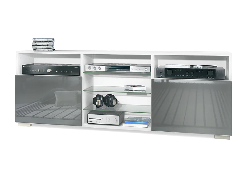 Meuble TV Granada, Lowboard avec 2 portes et 6 compartiments ouverts, corps blanc mat, façades en gris haute brillance (146 x 54 x 35 cm)