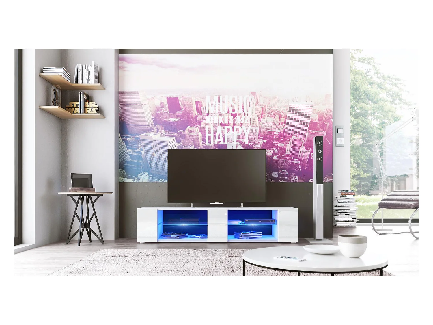 Buffet bas Movie V2, Meuble TV avec 6 compartiments ouverts et placages décoratifs, Blanc mat/Blanc brillant, éclairage LED bleu inclus (134 x 29 x 39 cm)