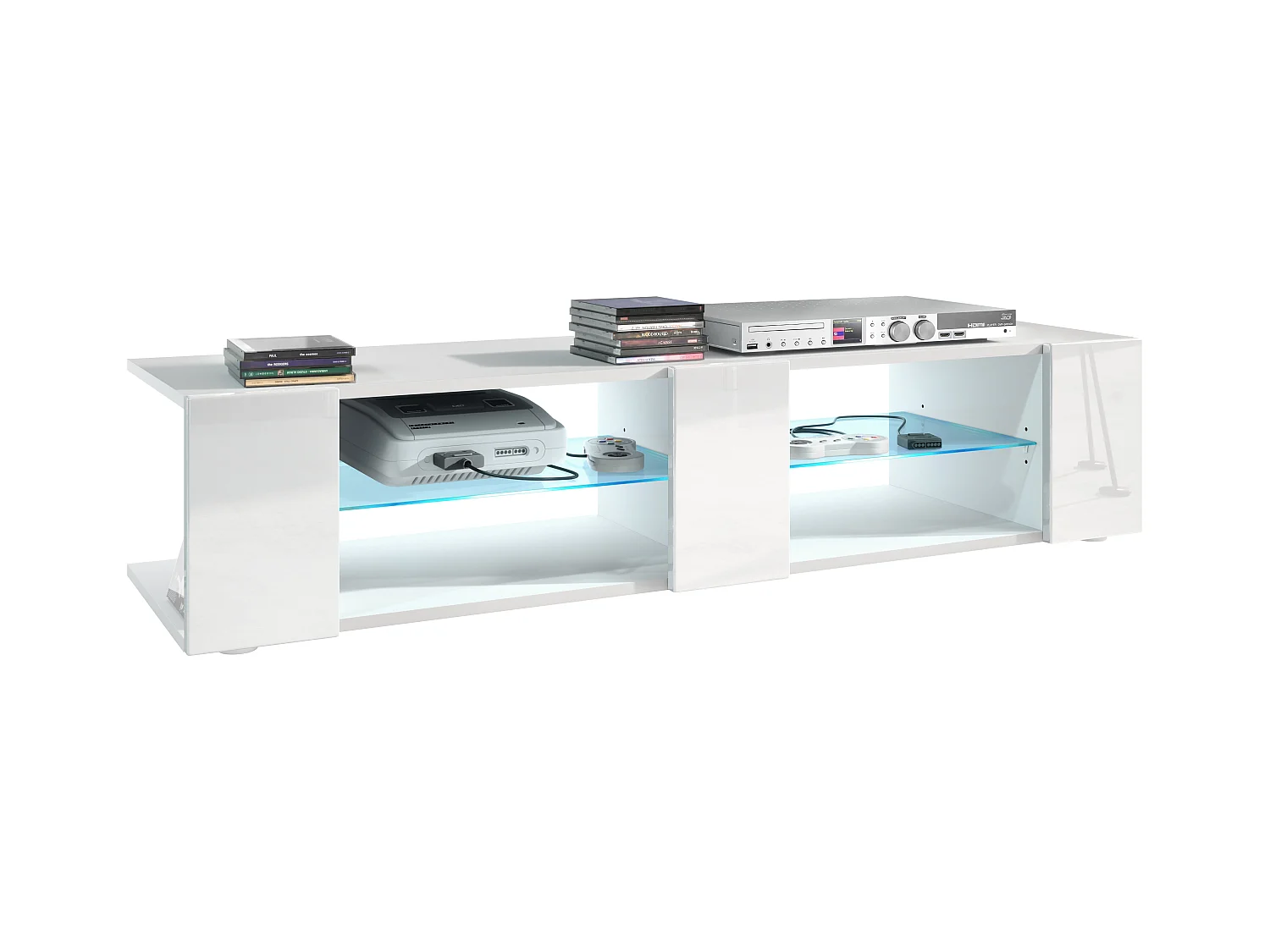 Buffet bas Movie V2, Meuble TV avec 6 compartiments ouverts et placages décoratifs, Blanc mat/Blanc brillant, éclairage LED bleu inclus (134 x 29 x 39 cm)