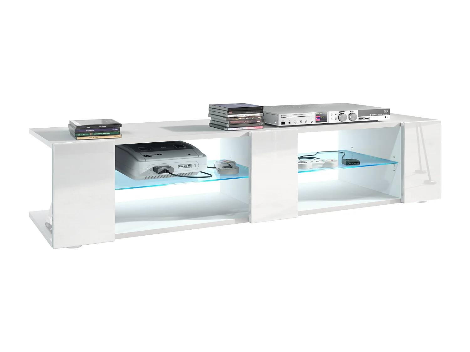 Buffet bas Movie V2, Meuble TV avec 6 compartiments ouverts et placages décoratifs, Blanc mat/Blanc brillant, éclairage LED bleu inclus (134 x 29 x 39 cm)