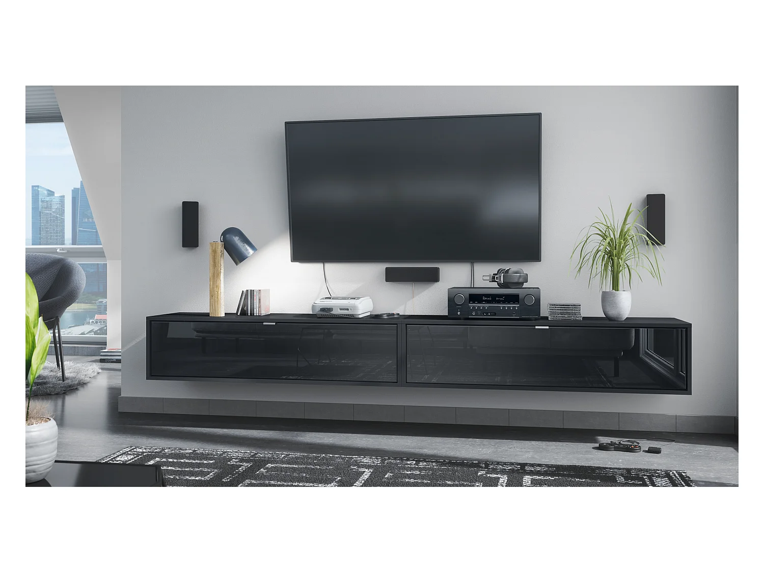 Ensemble de 2 set meuble TV Lana 120, lowboards de 120x29x37 cm chacun avec beaucoup d'espace de rangement, caisson en Noir mat, façades en Noir brillant