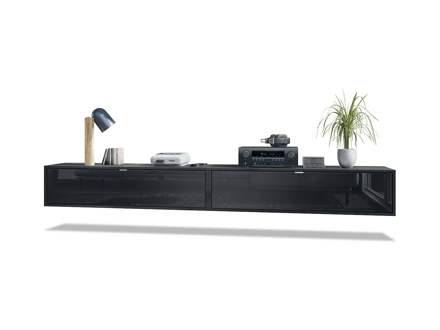 Ensemble de 2 set meuble TV Lana 120, lowboards de 120x29x37 cm chacun avec beaucoup d'espace de rangement, caisson en Noir mat, façades en Noir brillant