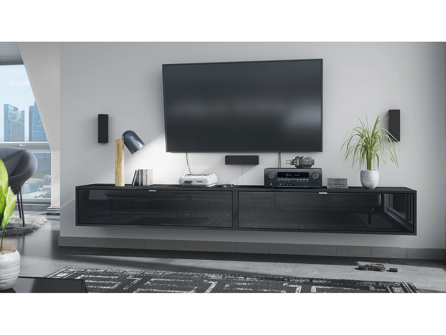 Ensemble de 2 set meuble TV Lana 120, lowboards de 120x29x37 cm chacun avec beaucoup d'espace de rangement, caisson en Noir mat, façades en Noir brillant