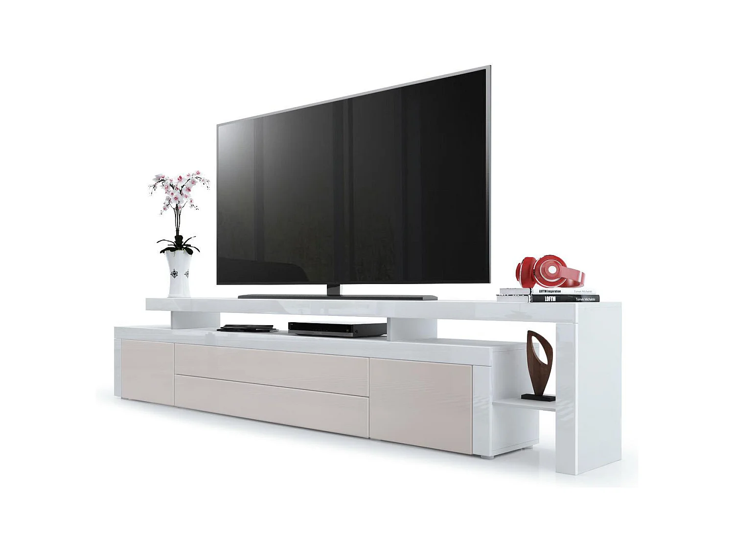 Meuble TV bas Leon, Corps en blanc mat / Façades en gris sable haute brillance avec une bodure en blanc haute brillance (227 x 52 x 35 cm)