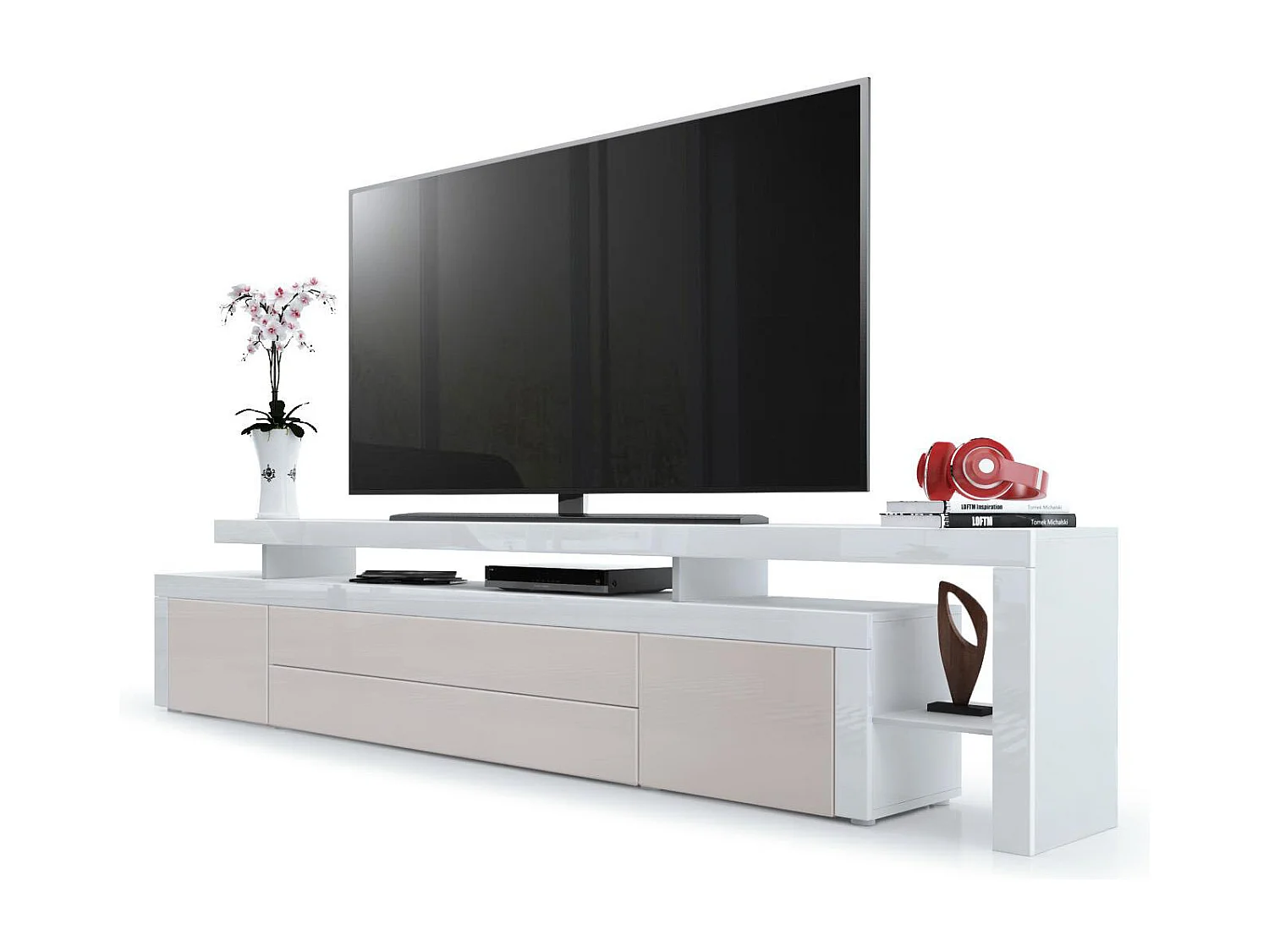 Meuble TV bas Leon, Corps en blanc mat / Façades en gris sable haute brillance avec une bodure en blanc haute brillance (227 x 52 x 35 cm)