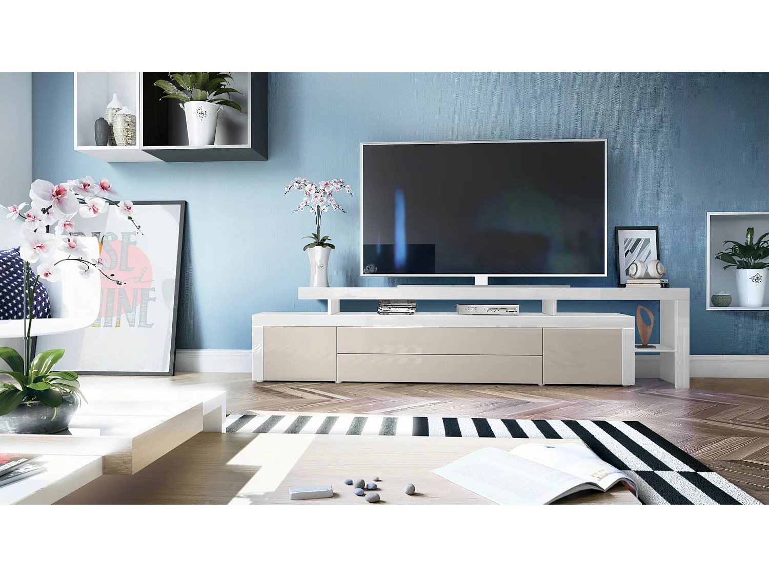 Meuble TV bas Leon, Corps en blanc mat / Façades en gris sable haute brillance avec une bodure en blanc haute brillance (227 x 52 x 35 cm)