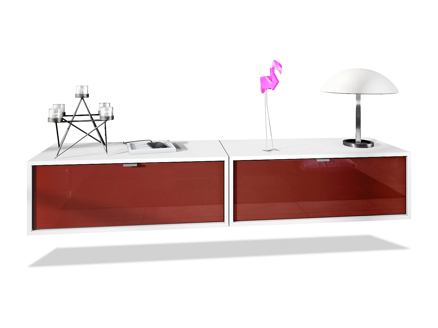 Ensemble de 2 set meuble TV Lana 80, lowboards de 80 x 29 x 37 cm chacun avec beaucoup d'espace de rangement, caisson en Blanc mat, façades en Bordeaux brillant