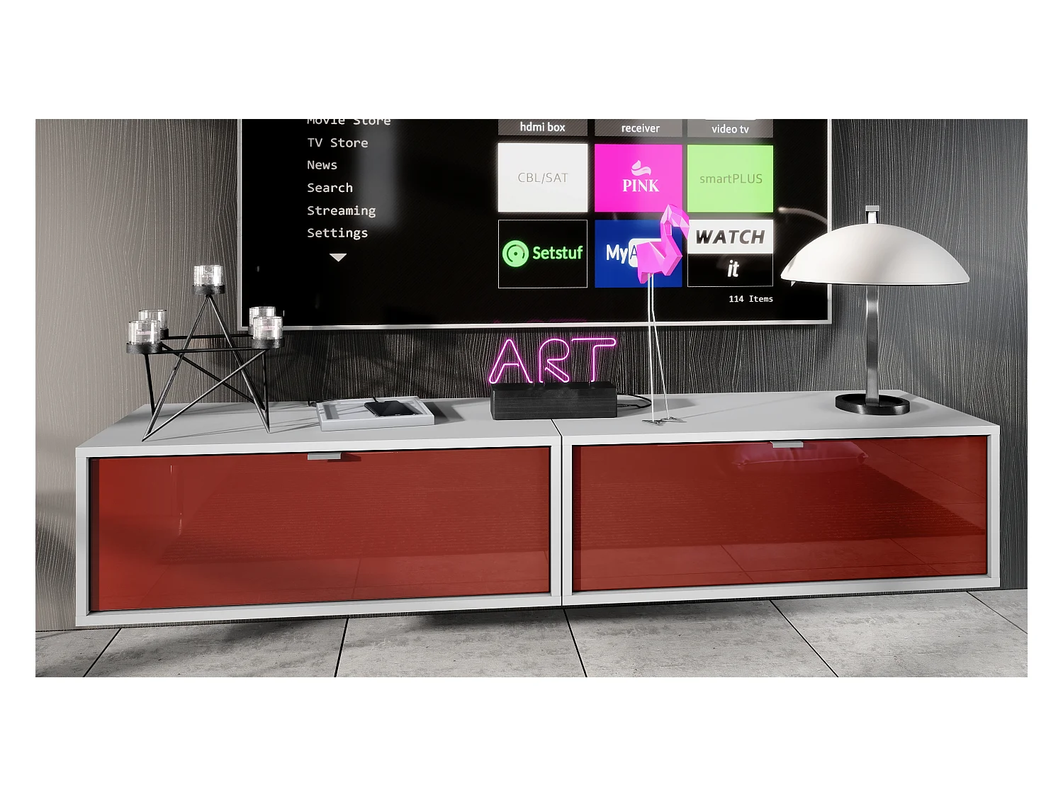 Ensemble de 2 set meuble TV Lana 80, lowboards de 80 x 29 x 37 cm chacun avec beaucoup d'espace de rangement, caisson en Blanc mat, façades en Bordeaux brillant